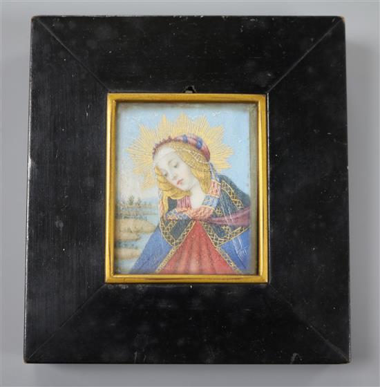 A late 19th century Italian oil on ivory miniature of the Virgin Mary 5 x 4cm